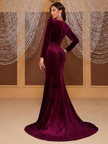 YISIKADO 方领扭纹前开叉大腿天鹅绒礼服优雅长袖舞会晚会婚礼宾客礼服，适合毕业典礼、晚宴 - 紫紅色 - 查看 2