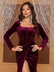 YISIKADO 方领扭纹前开叉大腿天鹅绒礼服优雅长袖舞会晚会婚礼宾客礼服，适合毕业典礼、晚宴 - 紫紅色 - 查看 3