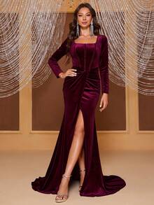 YISIKADO 方领扭纹前开叉大腿天鹅绒礼服优雅长袖舞会晚会婚礼宾客礼服，适合毕业典礼、晚宴 - 紫紅色 - 查看 4