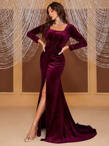 YISIKADO 方领扭纹前开叉大腿天鹅绒礼服优雅长袖舞会晚会婚礼宾客礼服，适合毕业典礼、晚宴 - 紫紅色 - 查看 5