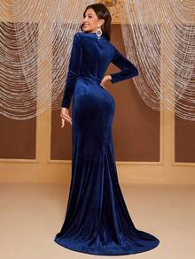 YISIKADO Sweetheart Neck Velvet Formal Dress - Navy Blue - View 2