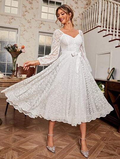 Simplee Women's Elegant Vintage Lace Fan-Shaped Full Skirt Cinched Waist Long Sleeve Dress, Wedding Dress, Party Dress, Birthday Dress, And Fabric White