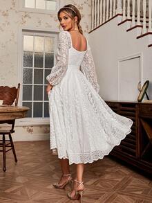 Simplee Women's Elegant Vintage Lace Flared Hem Fitted Long Sleeve Dress, Suitable For Weddings, Parties, Birthday