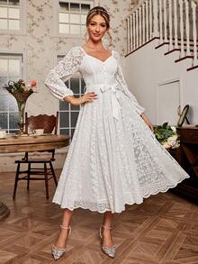 Simplee Women's Elegant Vintage Lace Flared Hem Fitted Long Sleeve Dress, Suitable For Weddings, Parties, Birthday