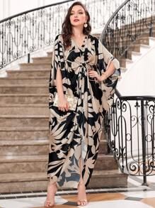 Vestido kaftan largo de manga abullonada con estampado floral, vestido árabe modesto - Multicolor - Ver 1