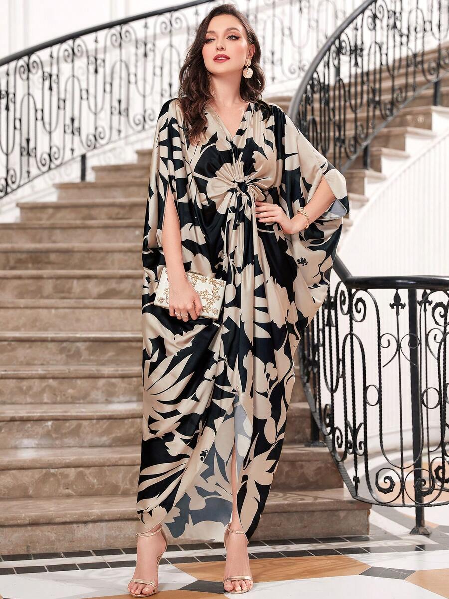 Vestido kaftan largo de manga abullonada con estampado floral, vestido árabe modesto - Multicolor - Ver 1