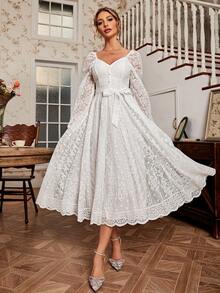 Simplee Women's Elegant Vintage Lace Flared Hem Fitted Long Sleeve Dress, Suitable For Weddings, Parties, Birthday