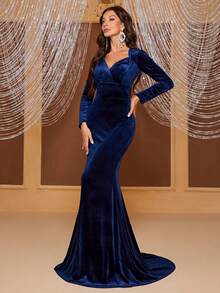 YISIKADO Sweetheart Neck Velvet Formal Dress - Navy Blue - View 6