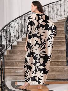 Vestido kaftan largo de manga abullonada con estampado floral, vestido árabe modesto - Multicolor - Ver 2