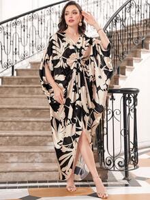 Vestido kaftan largo de manga abullonada con estampado floral, vestido árabe modesto - Multicolor - Ver 4