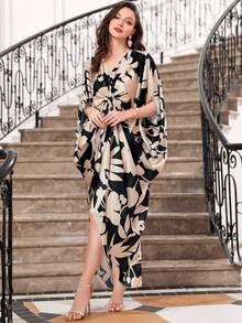 Vestido kaftan largo de manga abullonada con estampado floral, vestido árabe modesto - Multicolor - Ver 5