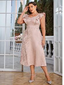 Simplee Plus Floral Jacquard Ruffle Trim Dress - Pink - View 3