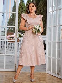 Simplee Plus Floral Jacquard Ruffle Trim Dress - Pink - View 5