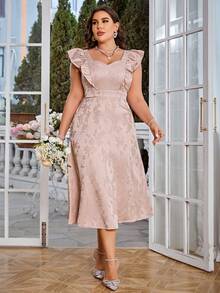 Simplee Plus Floral Jacquard Ruffle Trim Dress - Pink - View 6