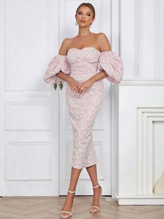 Blommigt Jacquard Axelfri Puff Ärm Slits Öppen Rygg Bodycon Klänning
