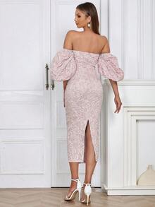 Floral Jacquard Off Shoulder Puff Sleeve Split Backless Bodycon Dress - Baby Pink - View 2