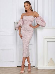 Floral Jacquard Off Shoulder Puff Sleeve Split Backless Bodycon Dress - Baby Pink - View 3