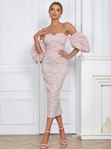 Floral Jacquard Off Shoulder Puff Sleeve Split Backless Bodycon Dress - Baby Pink - View 4