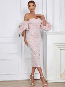 Floral Jacquard Off Shoulder Puff Sleeve Split Backless Bodycon Dress - Baby Pink - View 5