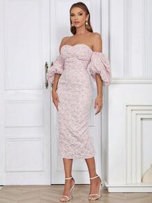 Floral Jacquard Off Shoulder Puff Sleeve Split Backless Bodycon Dress - Baby Pink - View 6