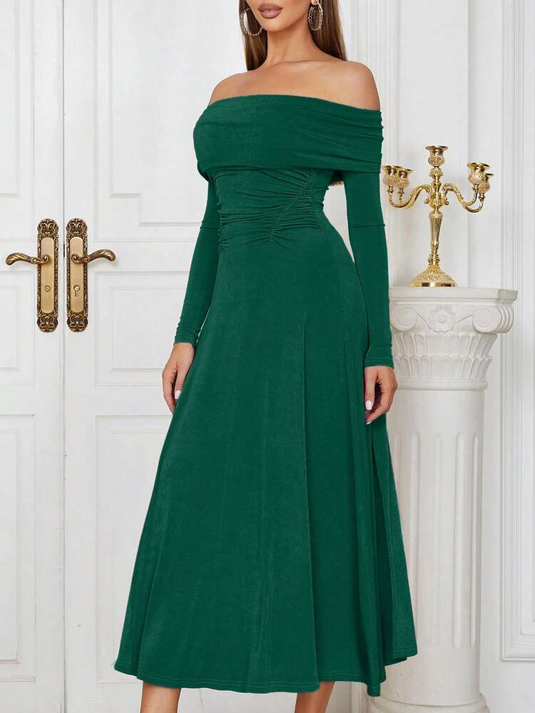 Off Shoulder Foldover Front Dress - Dark Green - View 4