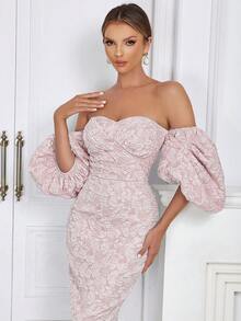 Floral Jacquard Off Shoulder Puff Sleeve Split Backless Bodycon Dress - Baby Pink - View 7