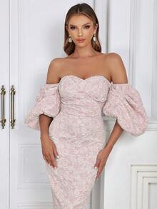 Floral Jacquard Off Shoulder Puff Sleeve Split Backless Bodycon Dress - Baby Pink - View 8