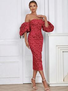 Vestido de jacquard floral con hombros descubiertos, mangas abullonadas y espalda con abertura, elegante y rojo para el verano - Rojo - Ver 3
