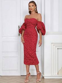 Vestido de jacquard floral con hombros descubiertos, mangas abullonadas y espalda con abertura, elegante y rojo para el verano - Rojo - Ver 4