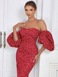 Vestido de jacquard floral con hombros descubiertos, mangas abullonadas y espalda con abertura, elegante y rojo para el verano - Rojo - Ver 5