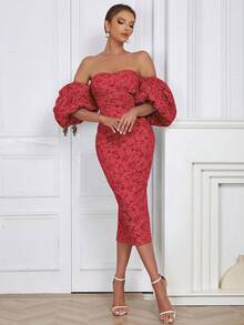 Vestido de jacquard floral con hombros descubiertos, mangas abullonadas y espalda con abertura, elegante y rojo para el verano - Rojo - Ver 6