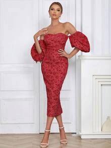 Vestido de jacquard floral con hombros descubiertos, mangas abullonadas y espalda con abertura, elegante y rojo para el verano - Rojo - Ver 8