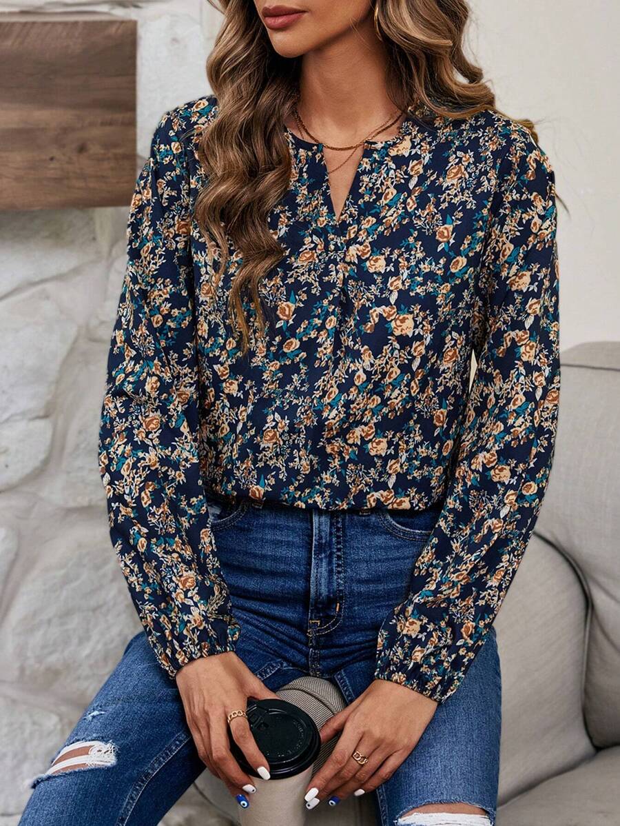 SHEIN LUNE 滿版印花缺口領燈籠袖襯衫 - 藏蓝色 - 查看 1