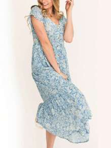 Floral Print Ruffle Hem Dress - Blue - View 1