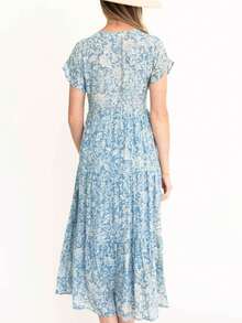 Floral Print Ruffle Hem Dress - Blue - View 2