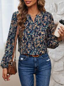 SHEIN LUNE 滿版印花缺口領燈籠袖襯衫 - 藏蓝色 - 查看 6