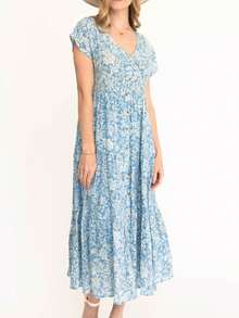 Floral Print Ruffle Hem Dress - Blue - View 3