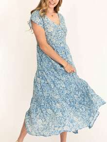 Floral Print Ruffle Hem Dress - Blue - View 4
