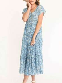 Floral Print Ruffle Hem Dress - Blue - View 5