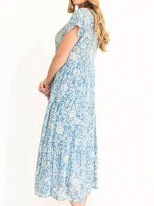 Floral Print Ruffle Hem Dress - Blue - View 6