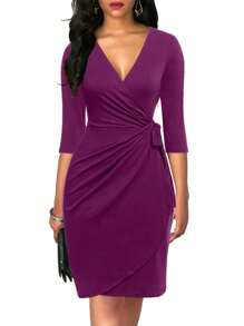 Solid Knot Side Wrap Dress - Purple - View 1