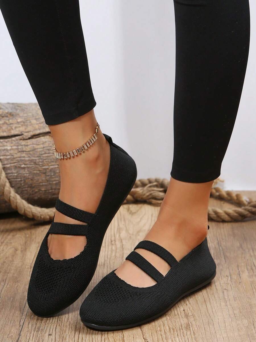 Zapatos de mujeres cómodo plano tejido malla transpirable sin cordones - Negro - Ver 1