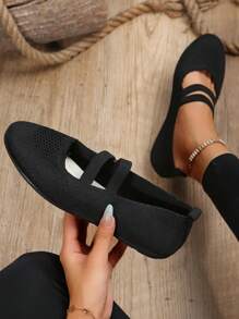 Zapatos de mujeres cómodo plano tejido malla transpirable sin cordones - Negro - Ver 2