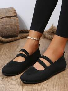 Zapatos de mujeres cómodo plano tejido malla transpirable sin cordones - Negro - Ver 3