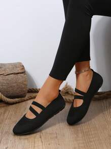 Zapatos de mujeres cómodo plano tejido malla transpirable sin cordones - Negro - Ver 4