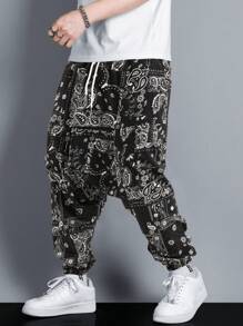 Manfinity RSRT 男士大码佩斯利印花吊襠褲 - 黑色 - 查看 3