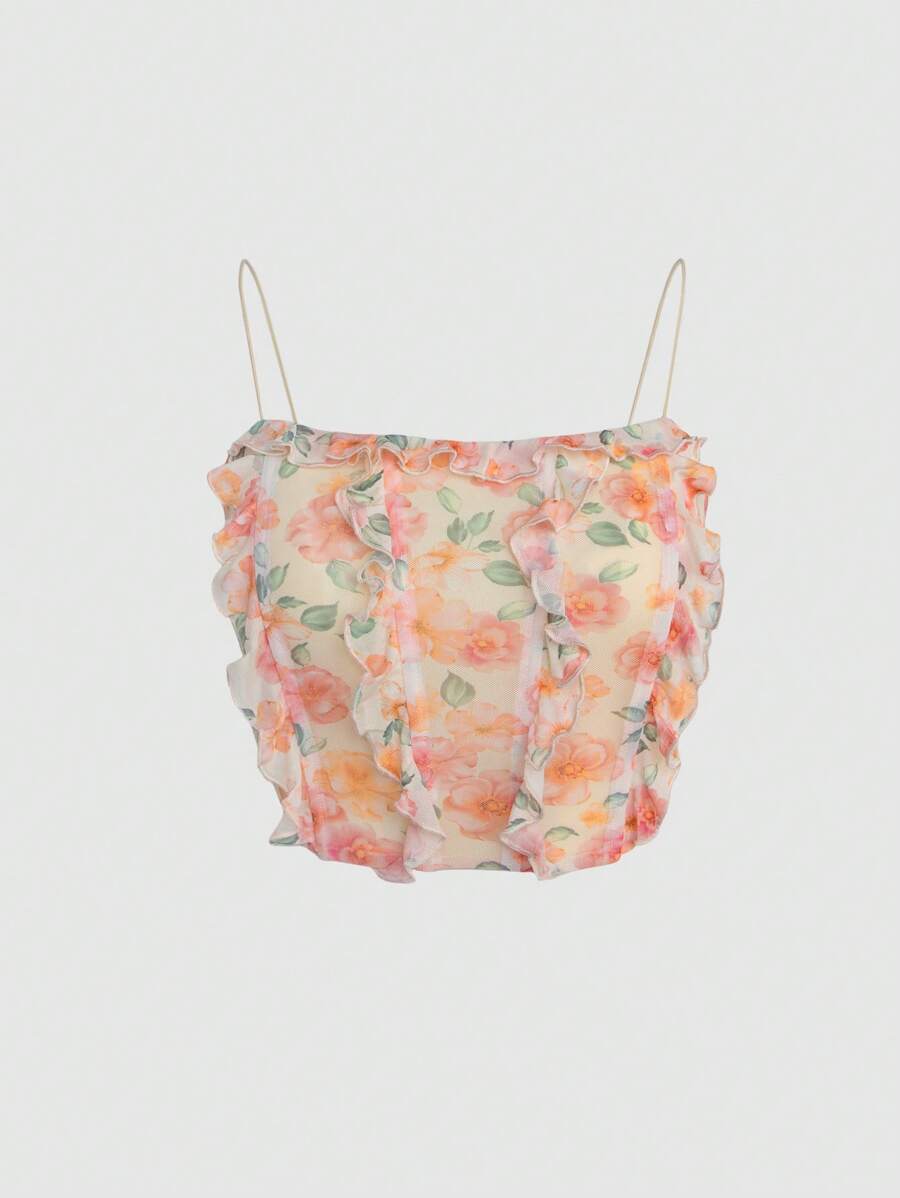 Hauture 花卉荷葉邊肩帶短款上衣 - 彩色 - 查看 1