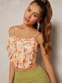 Hauture 花卉荷葉邊肩帶短款上衣 - 彩色 - 查看 3