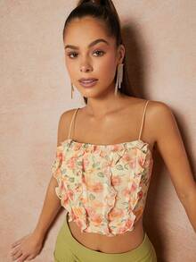 Hauture 花卉荷葉邊肩帶短款上衣 - 彩色 - 查看 5