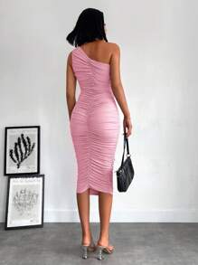 EURMUSE One Shoulder Ruched Bodycon Dress - Dusty Pink - View 2